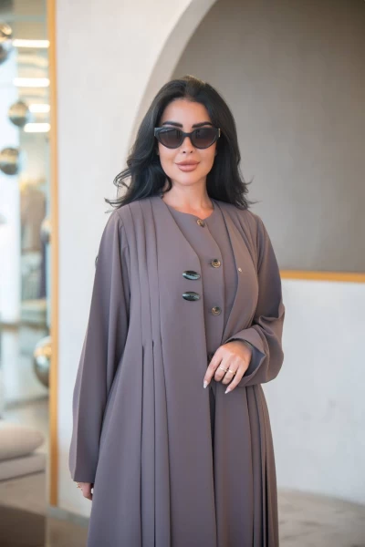 Coffee crepe abaya with pleats C:IB324 Coffee