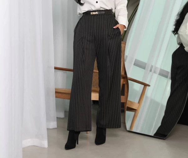 Black Striped Crepe Trousers IB1048