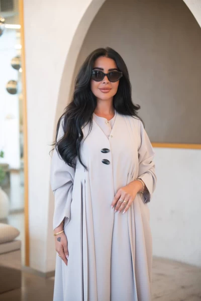 Beige crepe abaya with pleats C:IB324 Beige